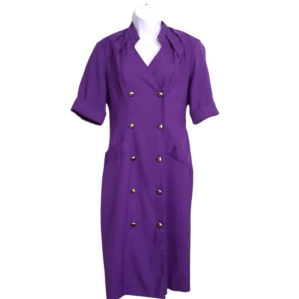 SL Fashions Vintage Womens Dress Size 12 Purple Double Breasted Faux Pockets Bel